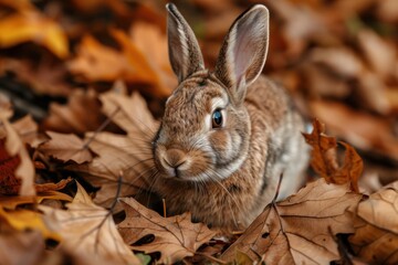 Fototapeta premium An alert rabbit is seen looking around amidst brown autumn foliage, creating a picturesque scene filled with earthy tones and a sense of watchfulness.