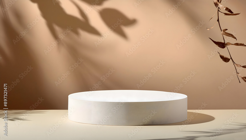 Poster white round podium for product presentation on a beige background with shadows of tree