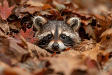 A charming image of a raccoon&rsquo;s adorable face peeking through the bed of autumn leaves, capturing the essence of the animal's innocent gaze and the beauty of the fall season in nature.