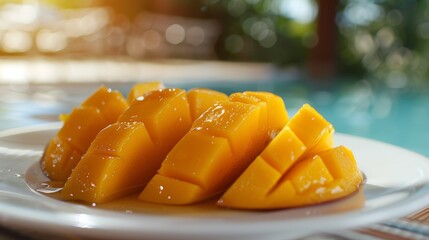 mouth-watering mango dish, freshly sliced mango with a quaint honey drizzle on a white plate a delectable treat to beat the summer heat