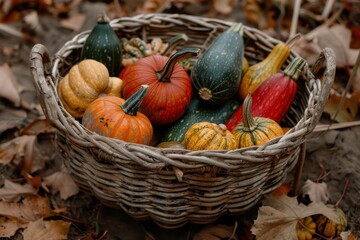 A wicker basket brimming with a variety of gourds and pumpkins is nestled among fallen autumn leaves, capturing the splendor of the fall harvest season in a picturesque outdoor setting.