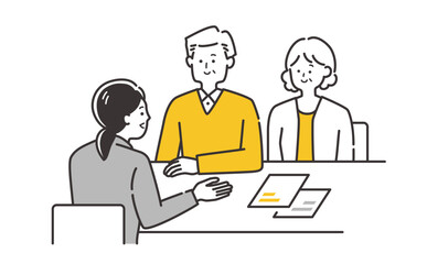 テーブルで相談する、説明を受ける年配夫婦・カップル（60代70代80代）のイラスト素材