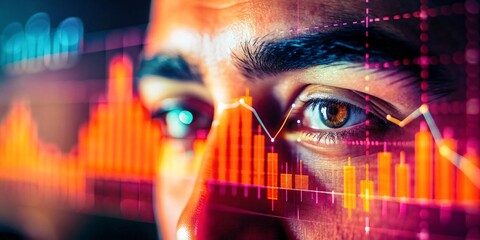 Analyzing Market Trends with Sharp Focus. A close-up of a focused individual's eye analyzing vibrant financial market charts and graphs, representing the dynamic world of stock market analysis.