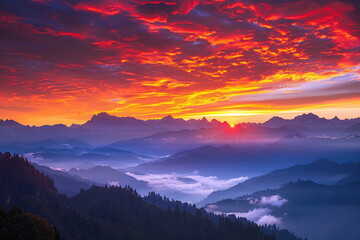 Fototapeta premium Fictional Himalayan Peaks Awash in Dawn's Glow Generated by AI