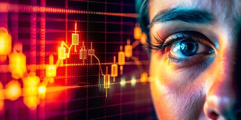 Analyzing Market Trends with Sharp Focus. A close-up of a focused individual's eye analyzing vibrant financial market charts and graphs, representing the dynamic world of stock market analysis.