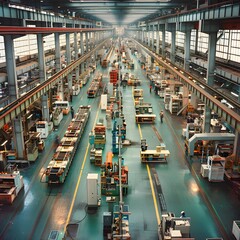 Aerial view of a large, modern manufacturing factory with rows of machinery and equipment, ideal for illustrating industrial production, advanced technology, or factory operations,