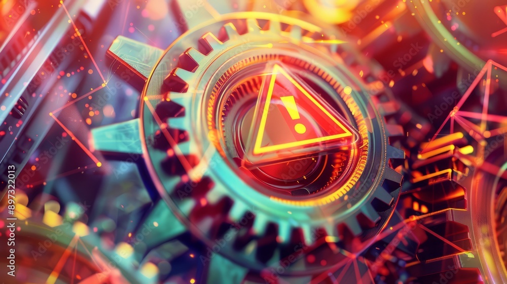 Poster system error alert, technology trouble concept. abstract image of gears and warning sign, conveying 