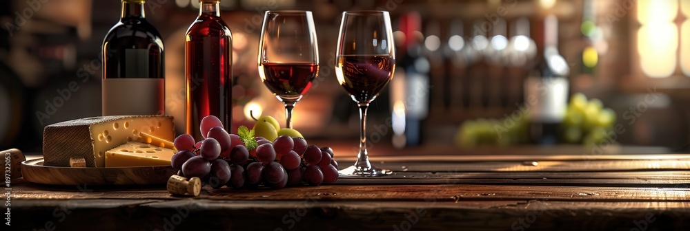 Aufkleber Two glasses of red wine sit on a rustic wooden table, next to a bottle of red wine and a plate of cheese. Grapes and a corkscrew are also on the table. Generative AI