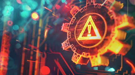 Digital warning sign technology alert. Abstract image featuring a digital caution sign on a technological background, symbolizing cybersecurity and online dangers.