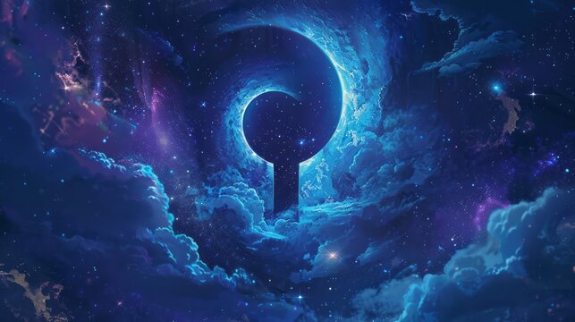 Celestial keyhole, universe mysteries. Ethereal scene of a keyhole within a cosmic crescent moon, surrounded by stars and nebulae. Perfect for designs on fantasy, spirituality, and the unknown.