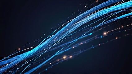 Obraz premium Abstract futuristic technology illustration background, blue optic fiber cables, digital internet network communication connection, information and data speed line, fast 5G global transfer