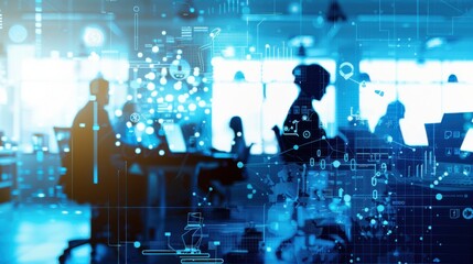 Abstract vector polygonal blue dispatch office featuring people sitting at their desks, surrounded by digital technology elements and global business icons, highlighting a modern and interconnected