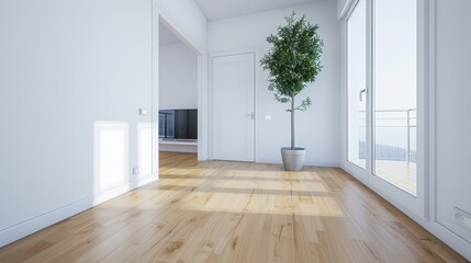 A flat screen television sits on a wooden entertainment stand in a modern living room, bathed in the warm light of sunlight streaming through large windows