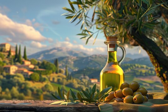 Fresh olives and a bottle of olive oil displayed on a table