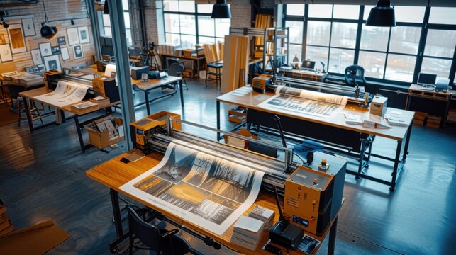 An overhead shot of a professional printing machine in a sleek studio environment, highlighting the detailed prints being produced on large sheets, ideal for advertising, publishing, and graphic