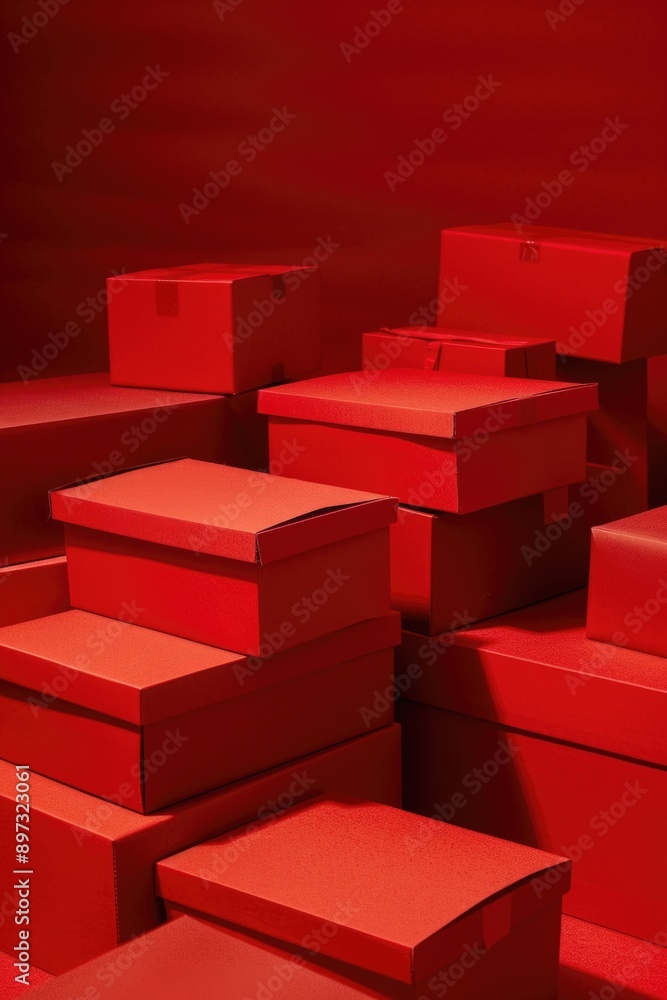 Poster pile of red boxes stacked on top of each other, suitable for storage or display