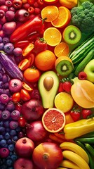 Vibrant assortment of colorful fruits and vegetables arranged beautifully, showcasing nature's bounty and healthy eating.