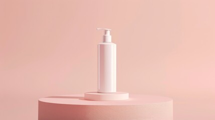 cream pastel background, white lotion bottle on a platform, professional photo, flat lighting