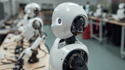 Fototapeta premium Advanced Humanoid Robot Head in a High-tech Robotics Laboratory