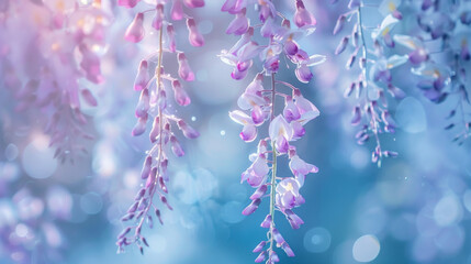 Beautiful blossoms of Fuji (Wisteria floribunda) vine in spring. The image is intentionally shot with a high key and shallow depth of field to create a dreamy and ethereal atmosphere.