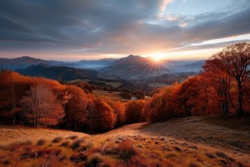 This captivating image showcases a stunning autumn sunset over a mountain range, with vibrant fall colors and a serene, peaceful atmosphere enveloping the landscape.