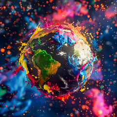 Stylized 3D depicting the Earth engulfed in dynamic vibrant paint splatters and swirls set against a dramatic cosmic backdrop featuring glowing nebula clouds and a dark celestial atmosphere