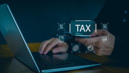 Calculation tax return. tax return form online for tax payment concept. Government, state taxes. Data analysis, paperwork, financial research, report, E-tax.