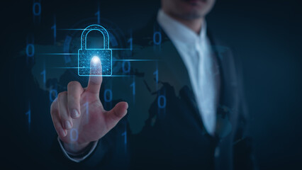 Cybersecurity and privacy concepts to protect data. Lock icon and internet network security technology. Businessman protecting personal data on smartphone, virtual screen interfaces. cyber security.