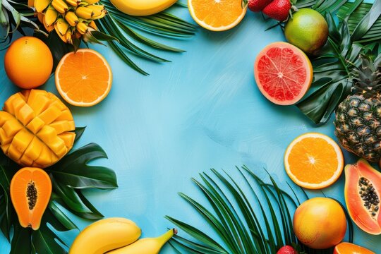Tropical fruit summer border on blue background, copy space