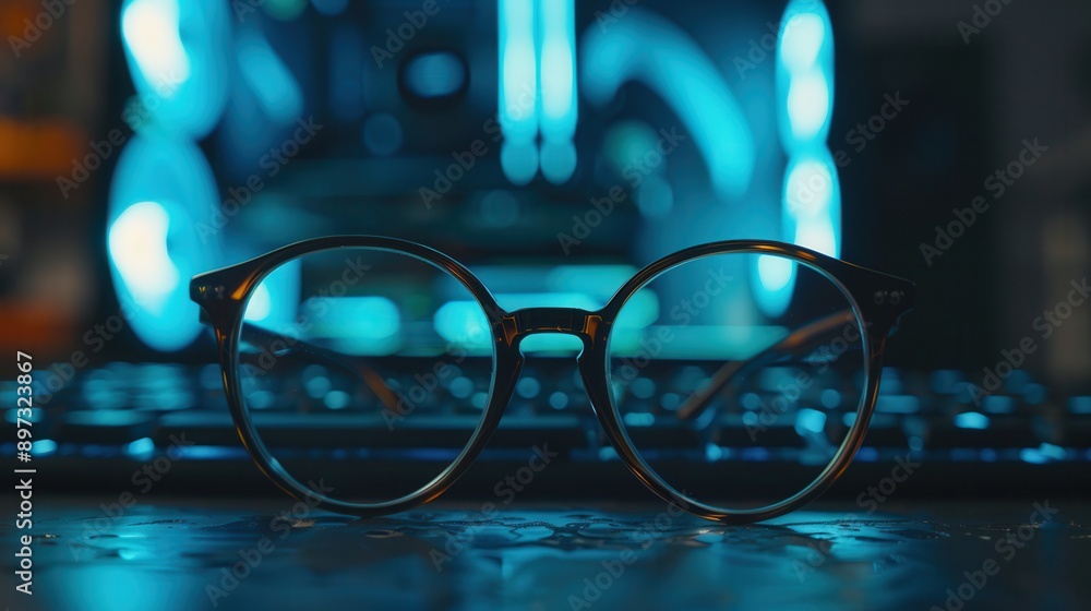 Leinwandbilder eyeglasses rest on a keyboard, a blurred computer screen glowing blue in the background. generative 