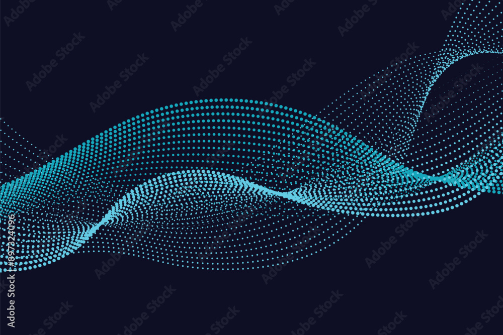 Poster abstract vector dot particles wave flowing smooth curve blue colour on dark blue background