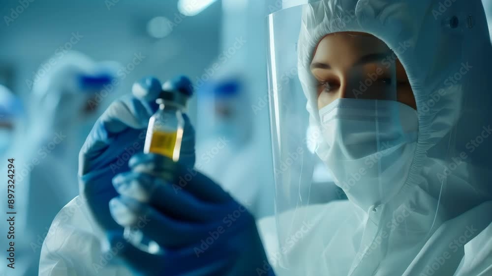 Poster scientist in full protective gear examining a vial with yellow liquid in a high-security laboratory.