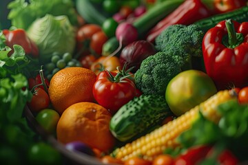 Vibrant assortment of fresh vegetables and fruits, showcasing rich colors and textures perfect for healthy living or culinary themes.