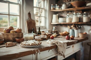 A cozy kitchen setting in autumn, featuring a freshly baked apple pie and homemade bread on a rustic wooden table, capturing the warmth and comfort of homemade treats.