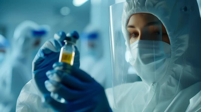 Scientist in full protective gear examining a vial with yellow liquid in a high-security laboratory. scientific research and advanced medical studies. Ideal for healthcare and laboratory themes 