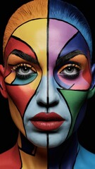 A woman with painted face and body in two different colors, AI