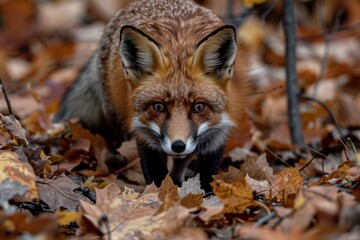 Fototapeta premium A red fox stands amidst fallen autumn leaves, focusing directly ahead with piercing eyes, representing focus and determination in its natural environment.