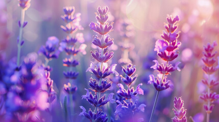 Fototapeta premium Close-up photo of a delicate lavender flower field, featuring an abstract purple floral background. The image highlights the aromatic beauty of spring nature.