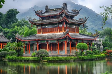 Traditional chinese pagoda building reflecting in pond water surrounded by lush green bushes and trees with mountain landscape in background