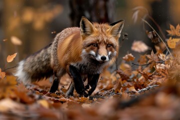 Fototapeta premium A red fox stands gracefully among the vibrant autumn leaves, with its eyes focused and tail raised, showcasing the elegance and poise of wildlife.