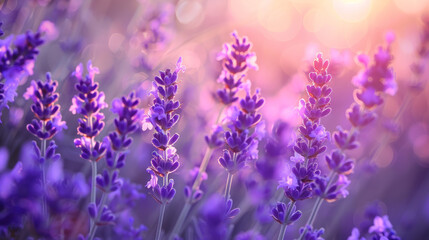 Fototapeta premium Close-up photo of a delicate lavender flower field, featuring an abstract purple floral background. The image highlights the aromatic beauty of spring nature.