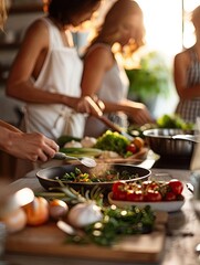 Chefs preparing fresh vegetables and herbs in a sunny kitchen, enjoying a creative cooking session with friends.