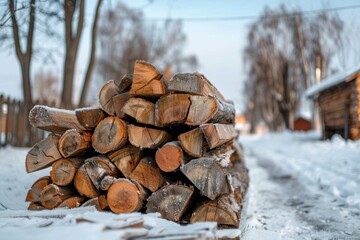 Neatly stacked chopped firewood organized along a snowy pathway, showcasing preparation for winter in a rural setting, with a background of leafless trees.