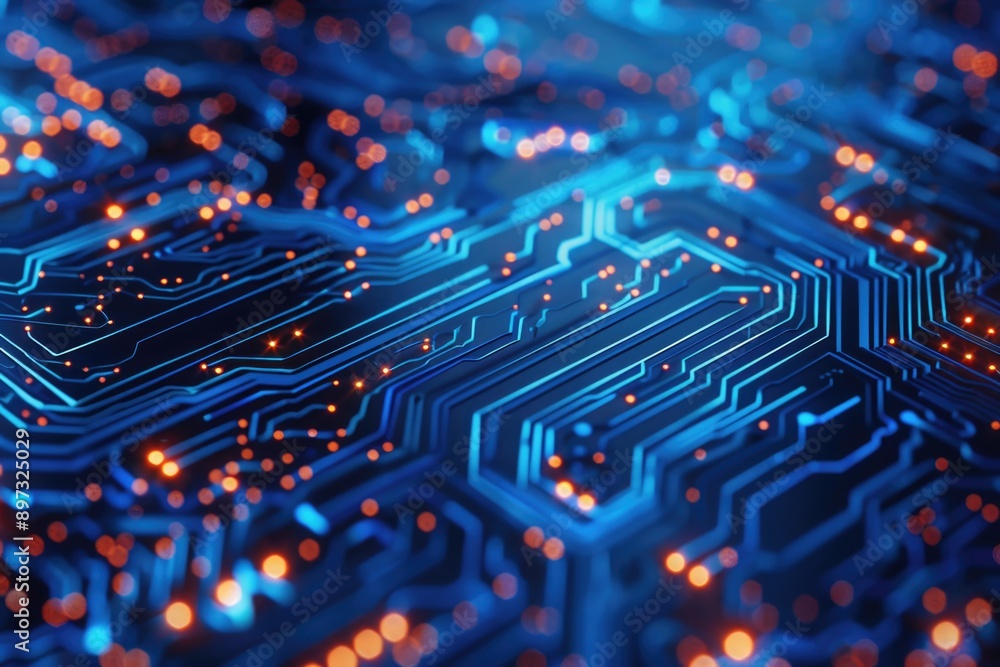 Poster a close-up shot of an electronic circuit board with various components and wiring