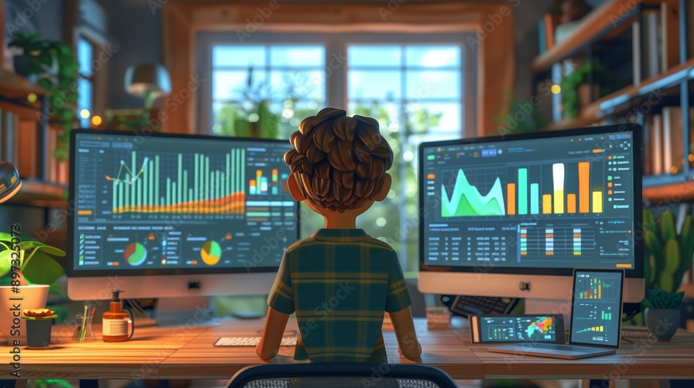 Poster in a virtual classroom, a student analyzes data and graphs on computer screens for an economic resea