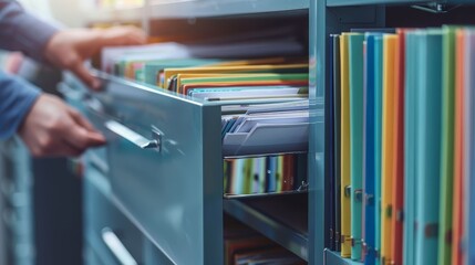 Administrative staff organizing files in a cabinet, order, efficiency,