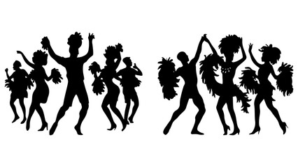 Obraz premium Brazilian carnival, silhouettes of people dancing in boas and feathers. Vector minimalistic monochrome drawing of national traditions and celebration