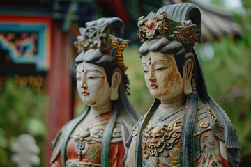 Fototapeta premium Two weathered and worn chinese deity statues stand guard outside a buddhist temple