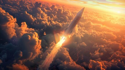 Spacecraft Launch Through Golden Clouds