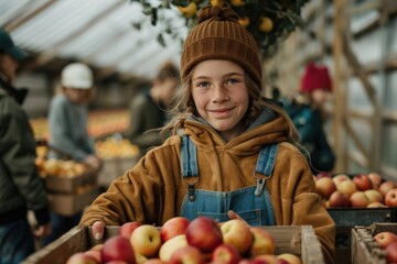 Fototapeta premium A girl wearing a brown beanie and denim overalls holds a box of apples, surrounded by crates of apples in a bustling greenhouse, emphasizing harvest season and teamwork.